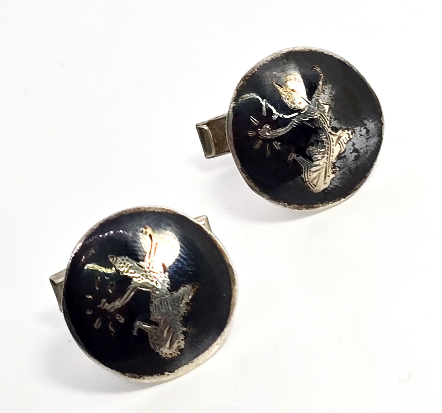 Siam Neillioware black enamel Mekkala goddess vintage sterling silver cufflinks