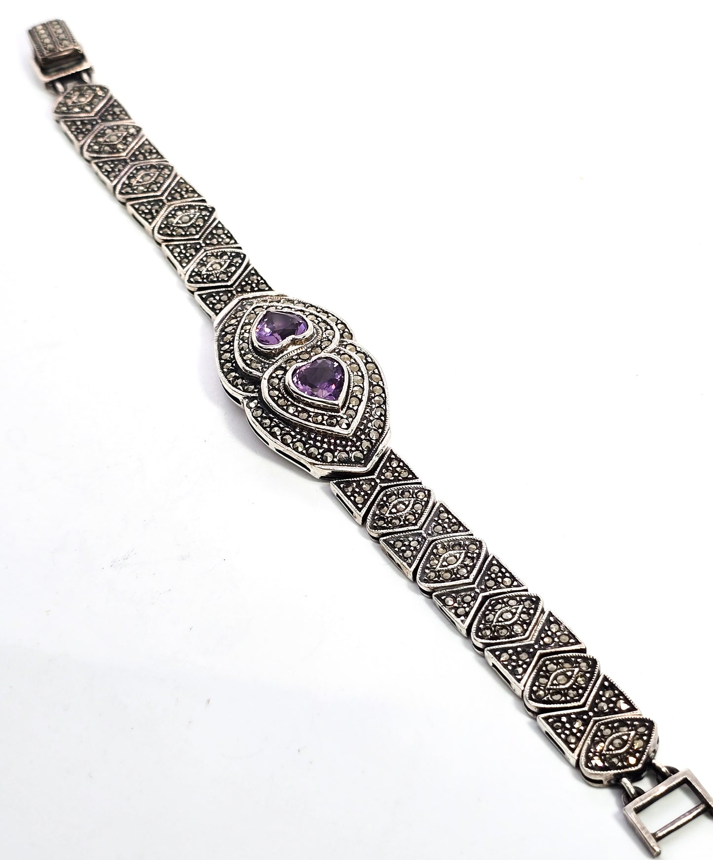 Double Amethyst heart marcasite heavy sterling silver tennis bracelet