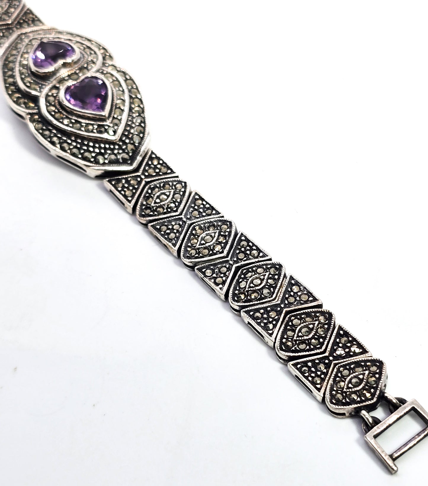 Double Amethyst heart marcasite heavy sterling silver tennis bracelet