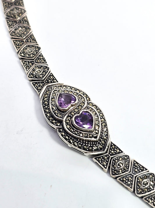 Double Amethyst heart marcasite heavy sterling silver tennis bracelet