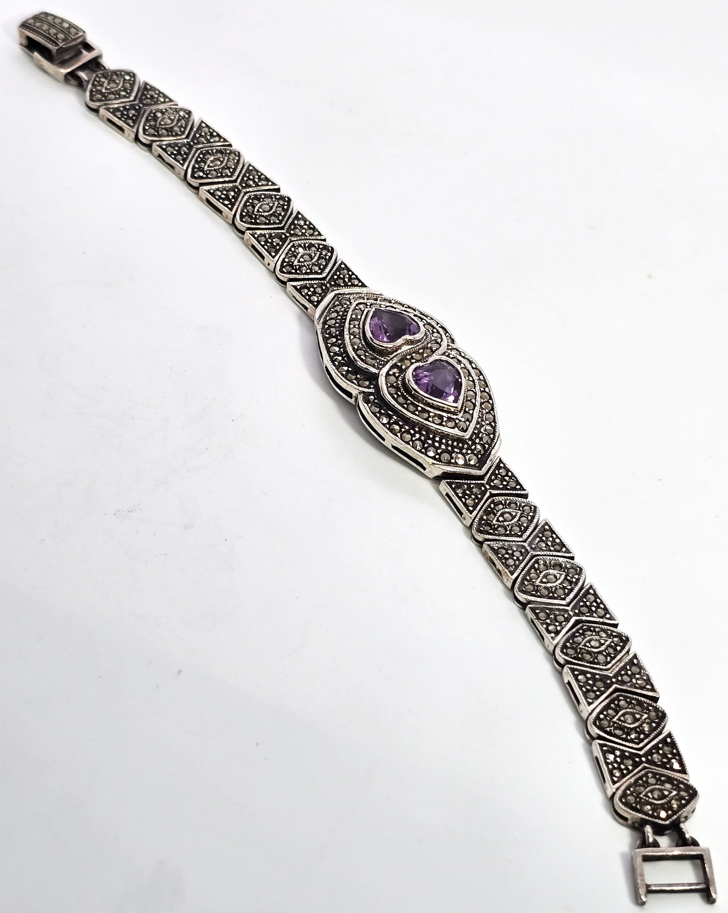 Double Amethyst heart marcasite heavy sterling silver tennis bracelet