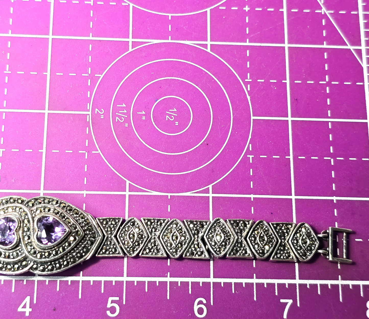 Double Amethyst heart marcasite heavy sterling silver tennis bracelet