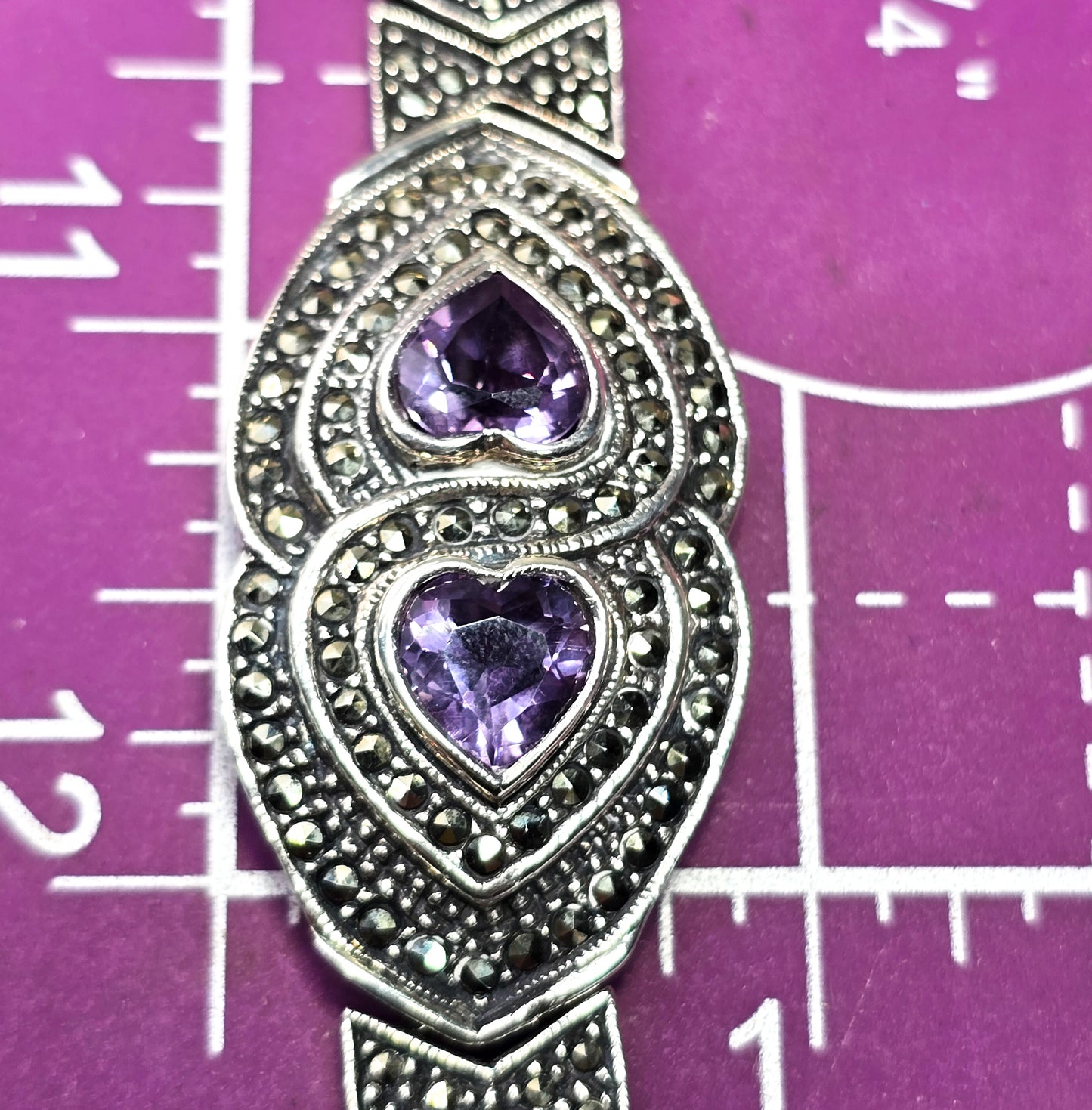 Double Amethyst heart marcasite heavy sterling silver tennis bracelet