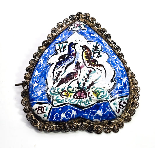 Persian antique enamel bird blue heart hand painted sterling silver brooch