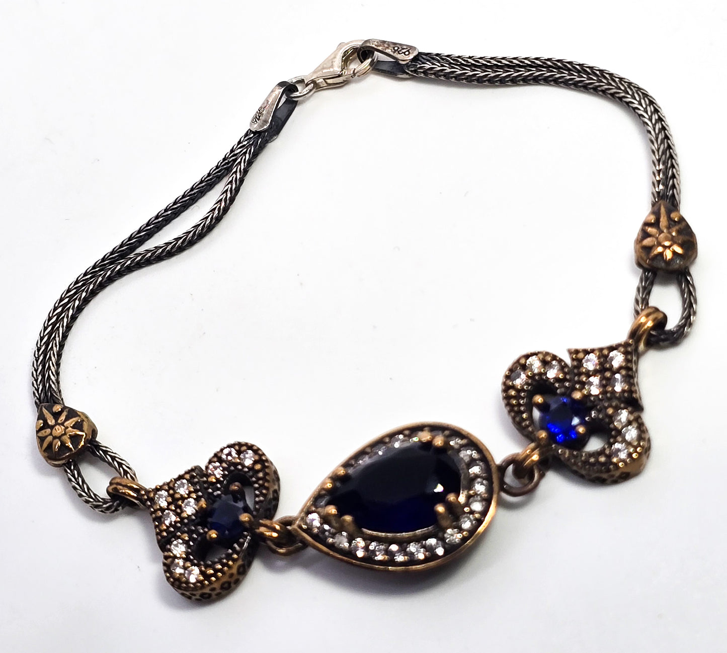 Turkish Ottoman Blue Cubic Zirconia harem gold over sterling silver bracelet