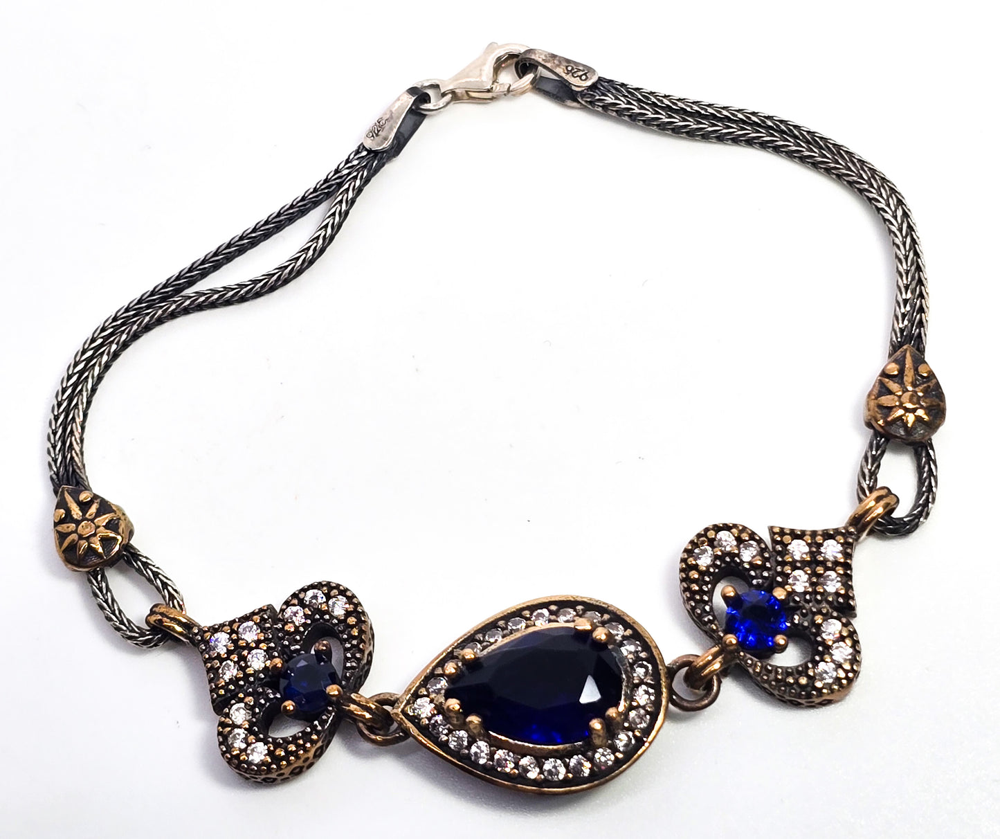 Turkish Ottoman Blue Cubic Zirconia harem gold over sterling silver bracelet