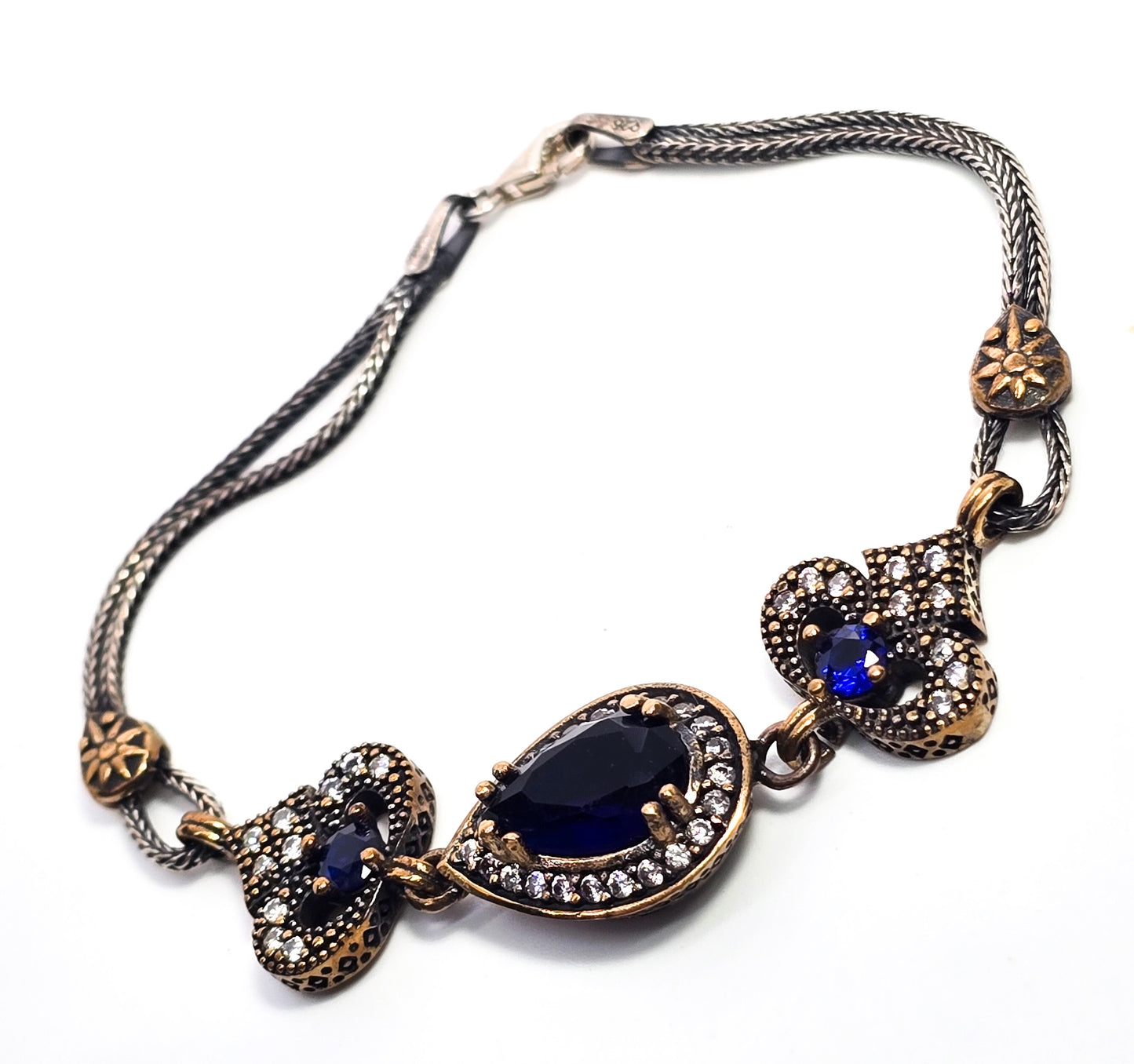 Turkish Ottoman Blue Cubic Zirconia harem gold over sterling silver bracelet