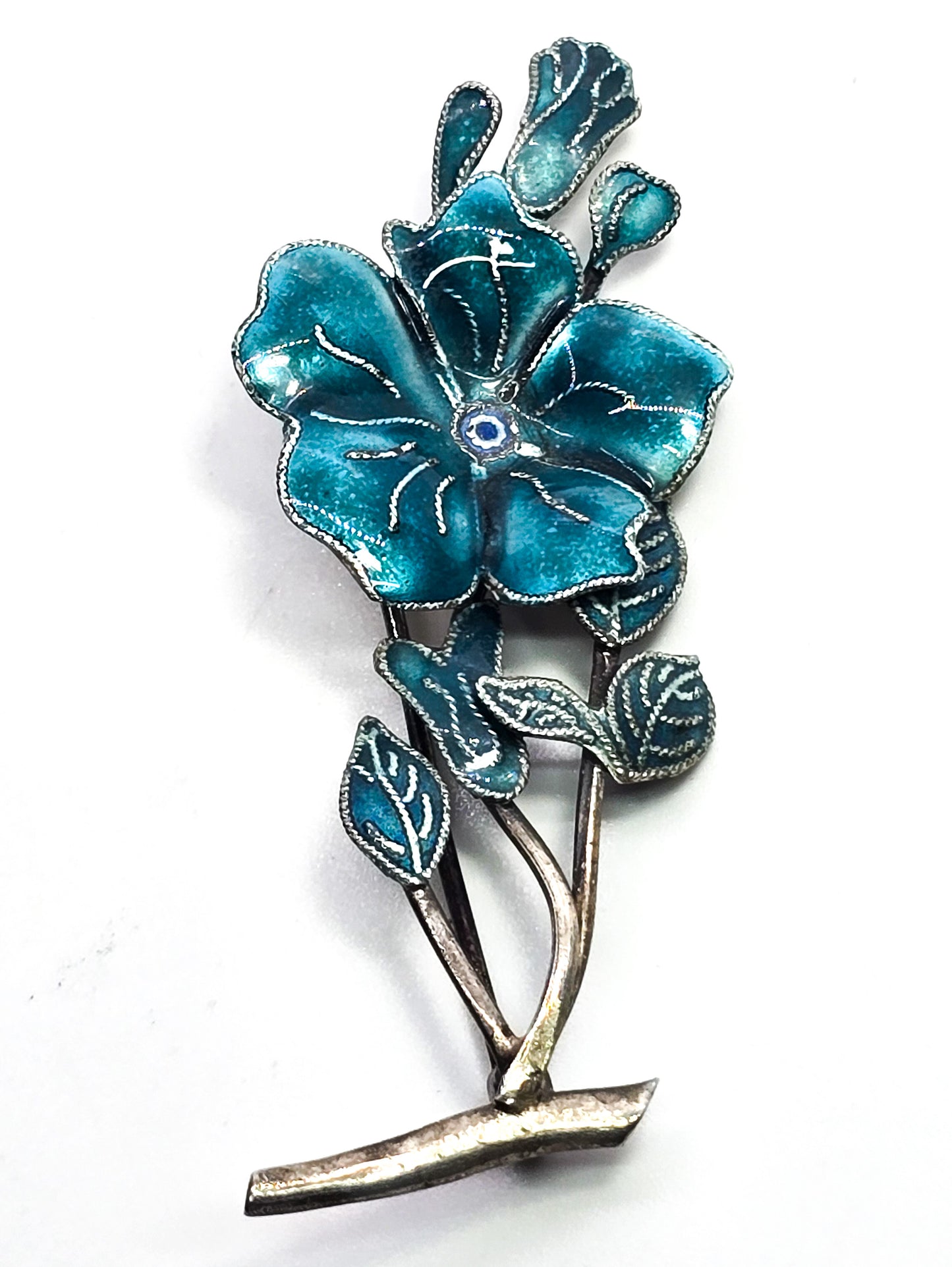 Art Nouveau style blue enamel vintage sterling silver flower brooch