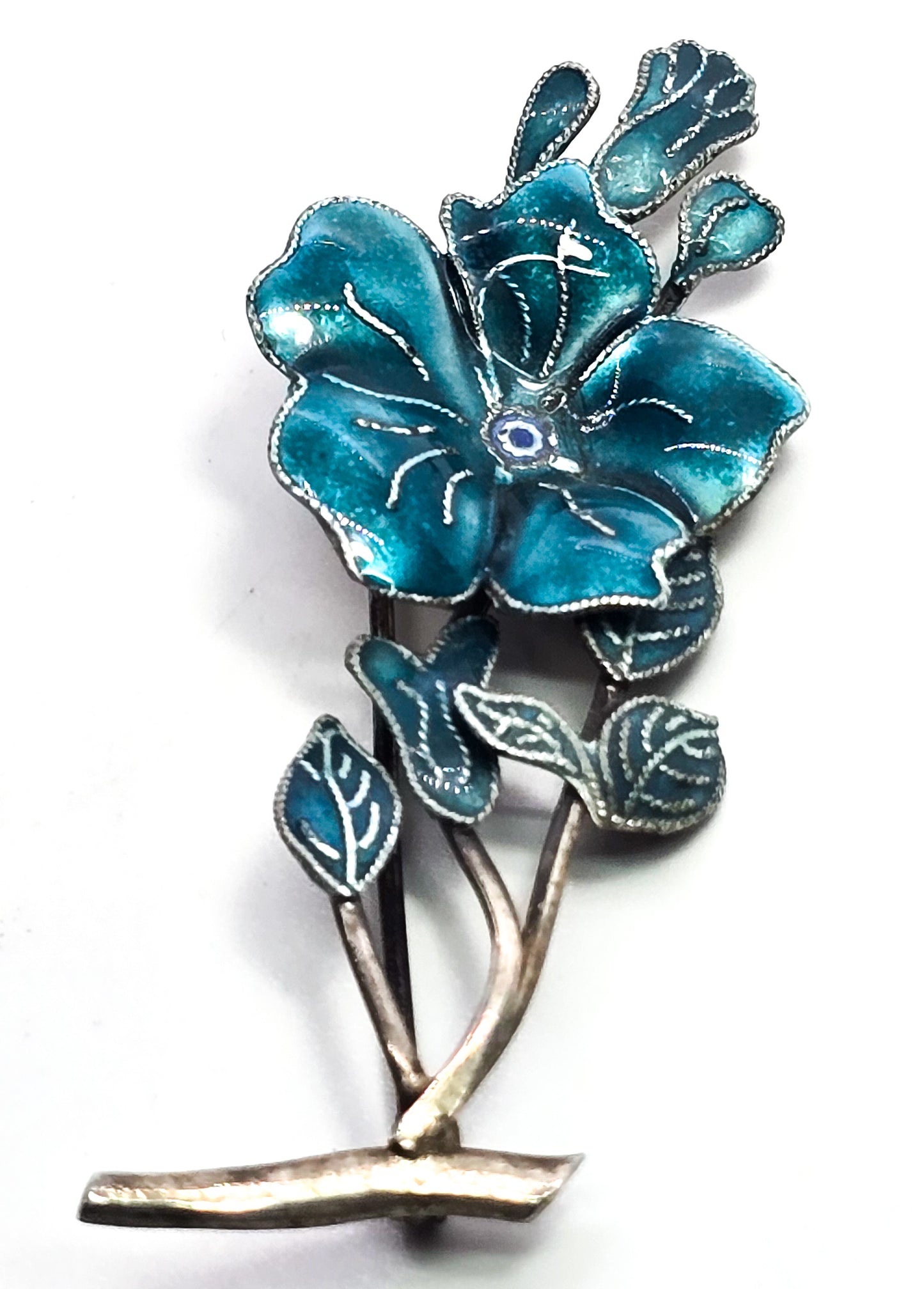 Art Nouveau style blue enamel vintage sterling silver flower brooch