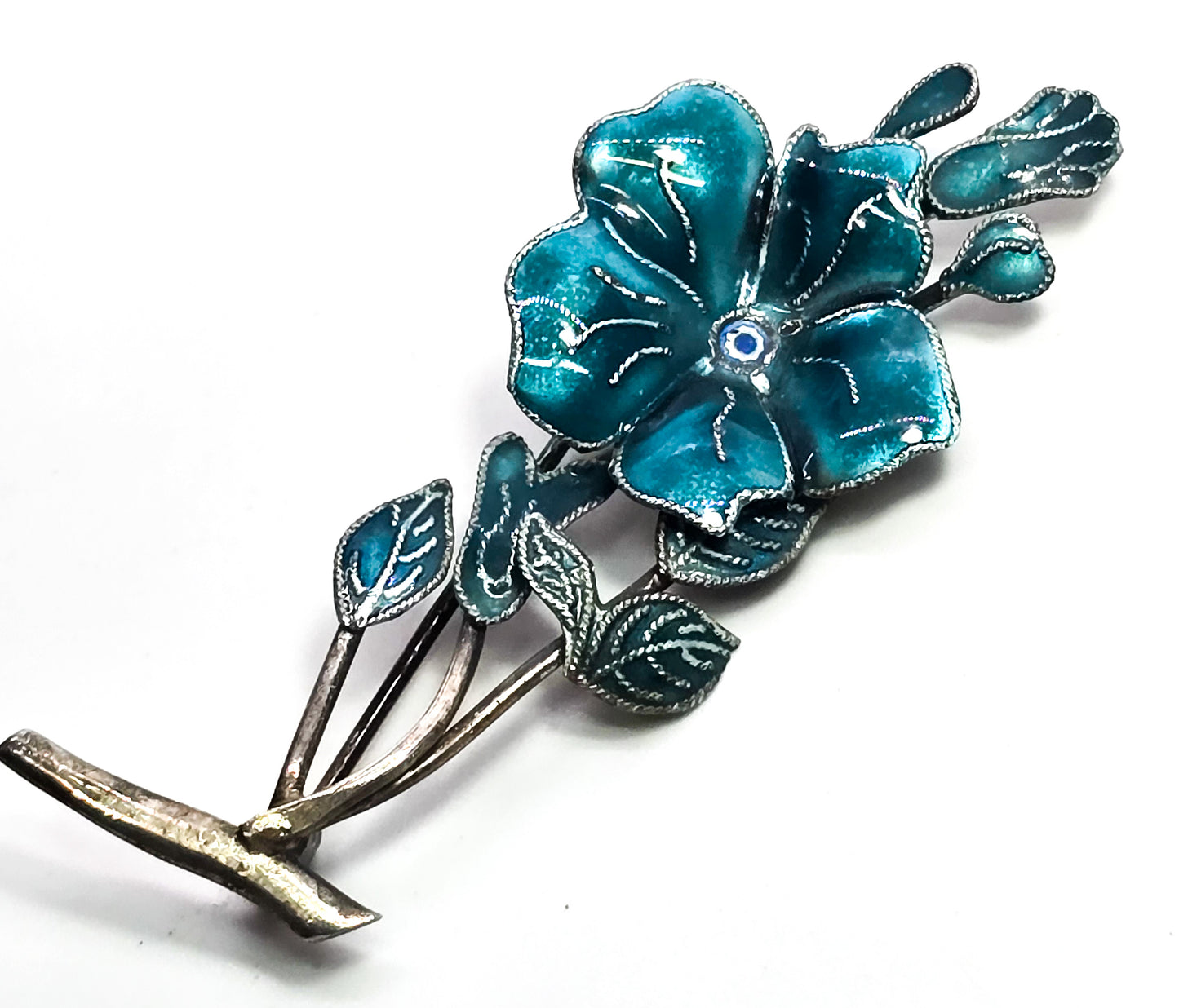 Art Nouveau style blue enamel vintage sterling silver flower brooch