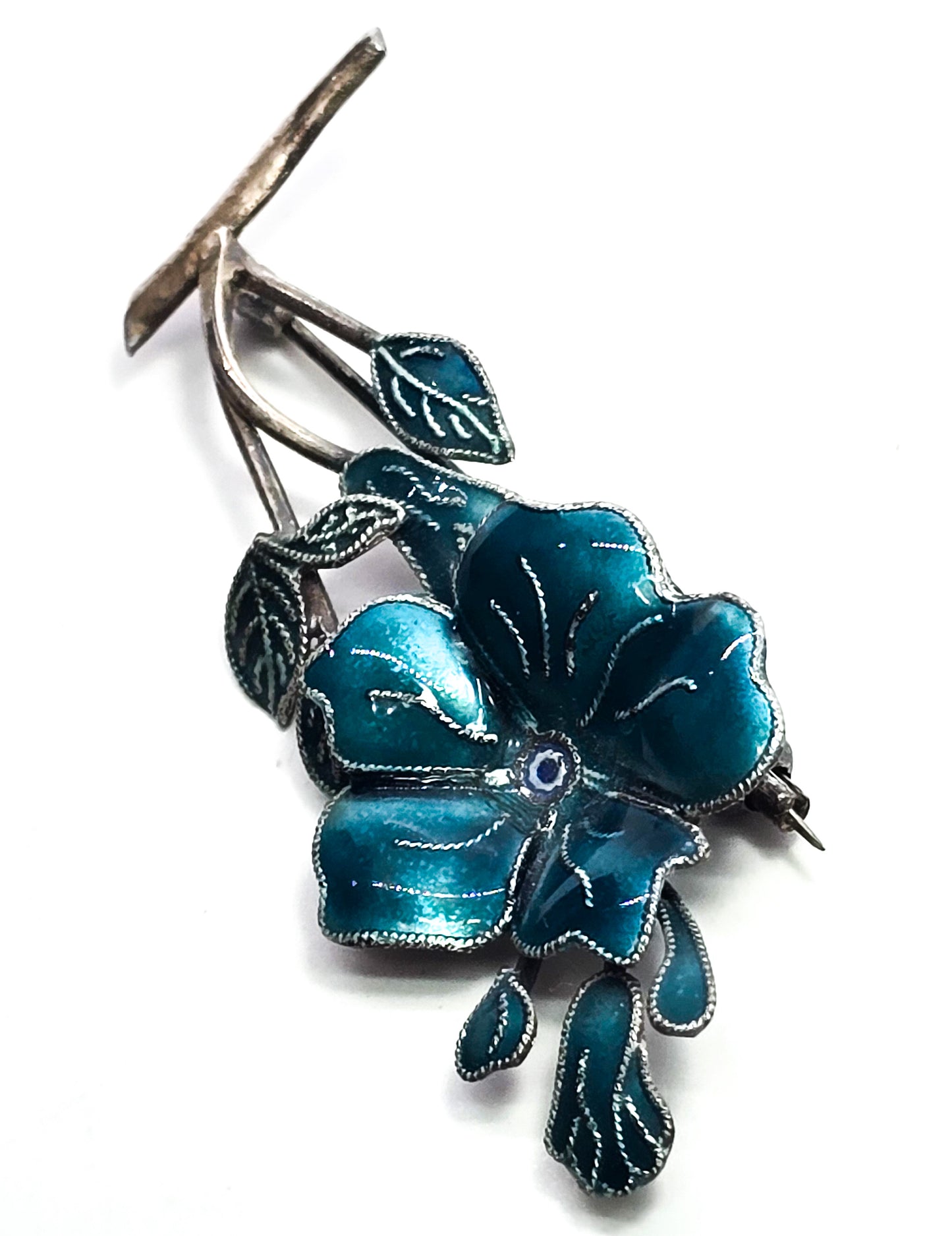 Art Nouveau style blue enamel vintage sterling silver flower brooch