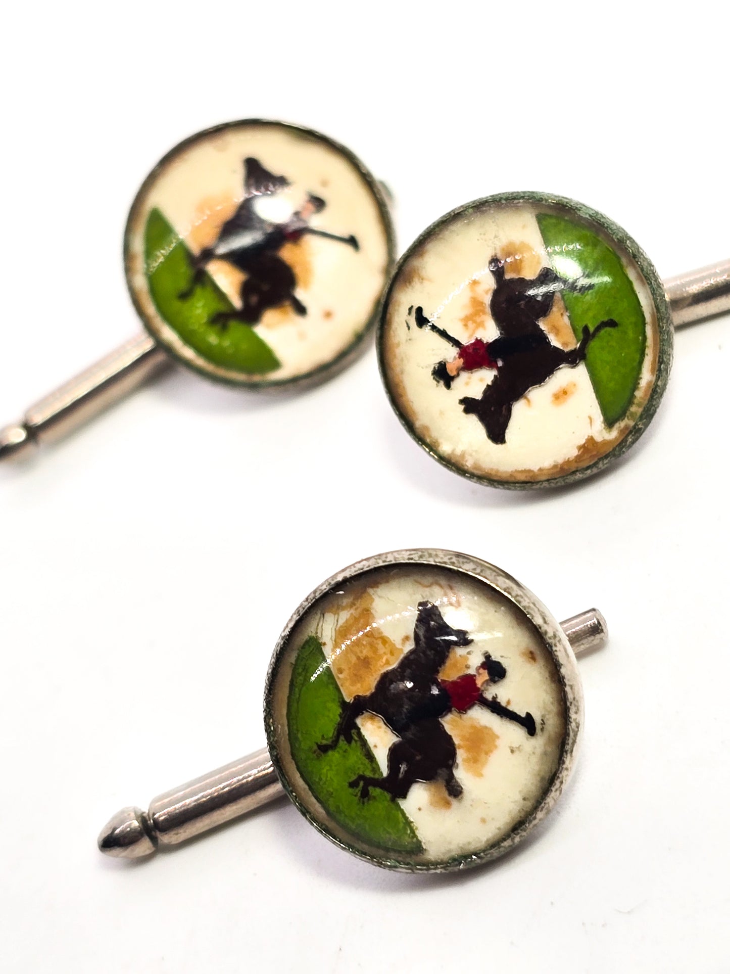 Equestrian horse jockey goofus glass Essex crystal painted vintage buttons set of 3