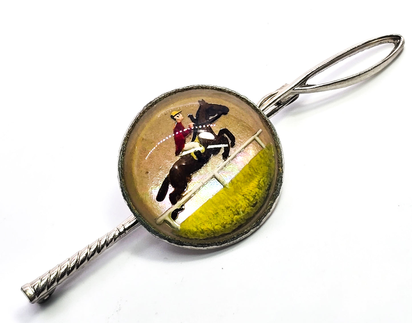 Equestrian whip horse jockey jumping goofus glass Essex crystal painted vintage Brooch