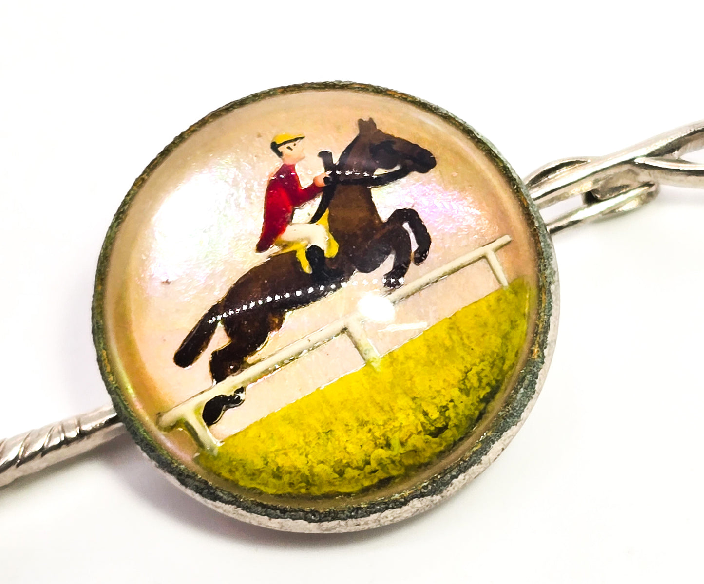 Equestrian whip horse jockey jumping goofus glass Essex crystal painted vintage Brooch