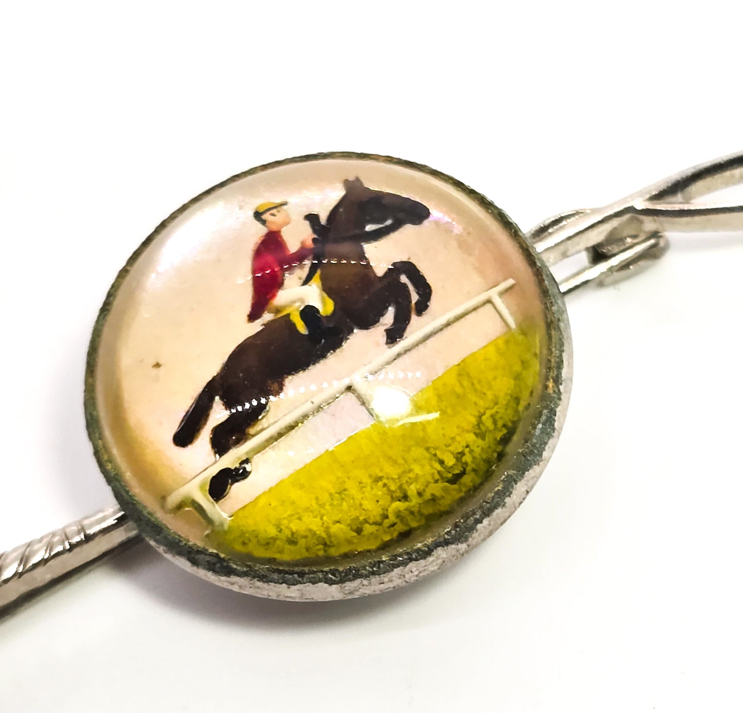 Equestrian whip horse jockey jumping goofus glass Essex crystal painted vintage Brooch