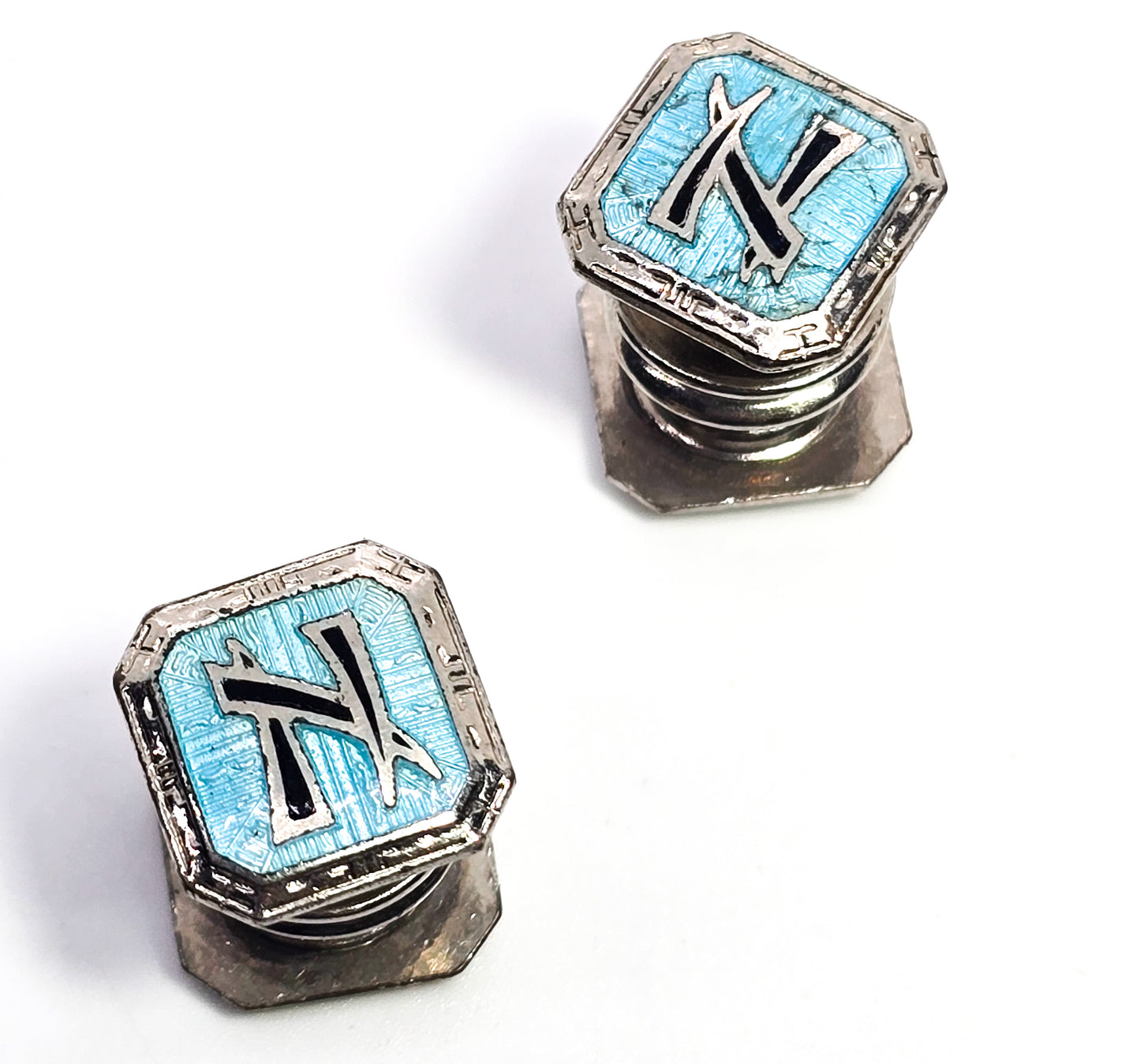 Art Deco Lavico Kwik to button blue guilloche enamel N antique snap cufflinks 1920