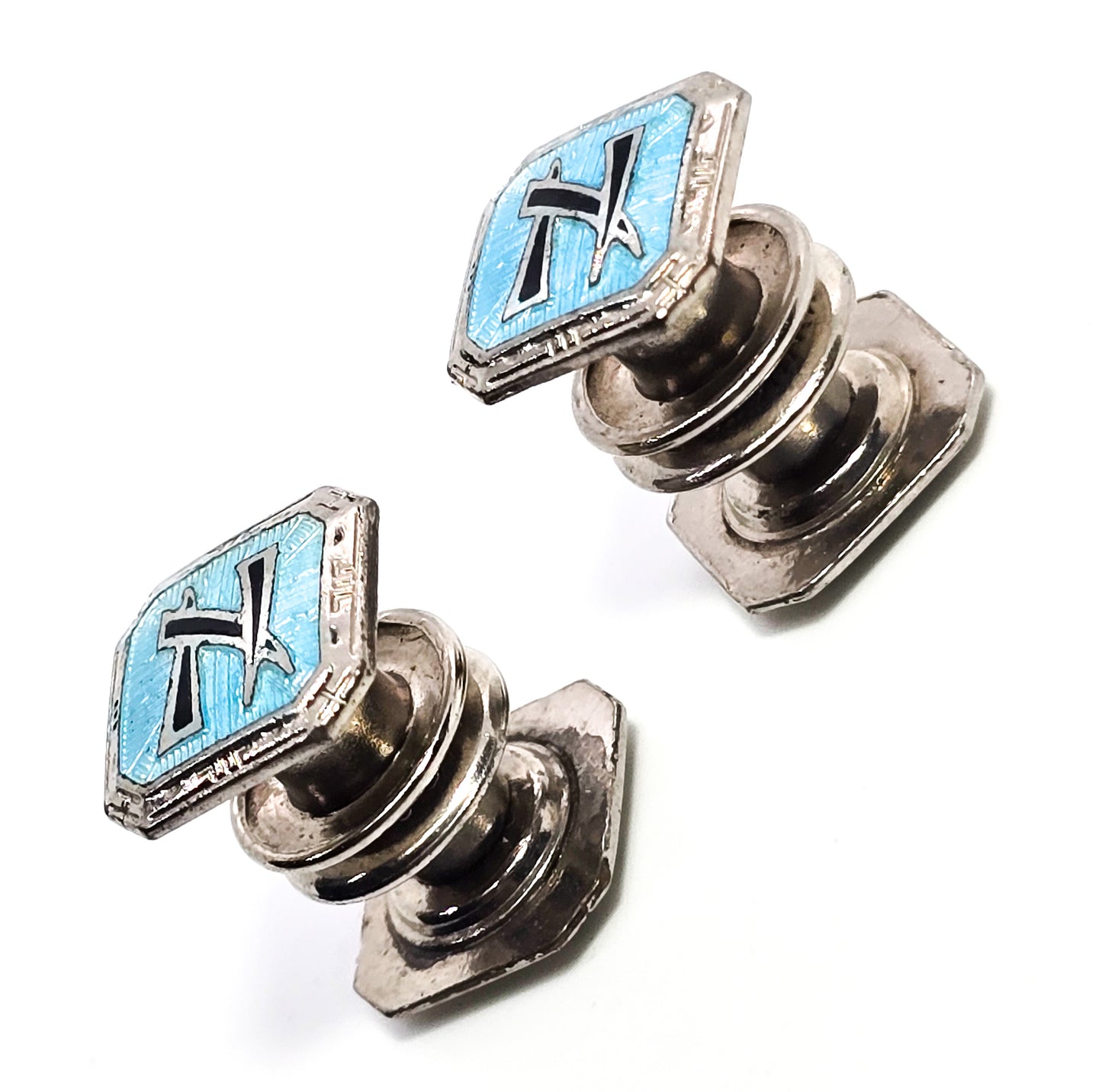 Art Deco Lavico Kwik to button blue guilloche enamel N antique snap cufflinks 1920