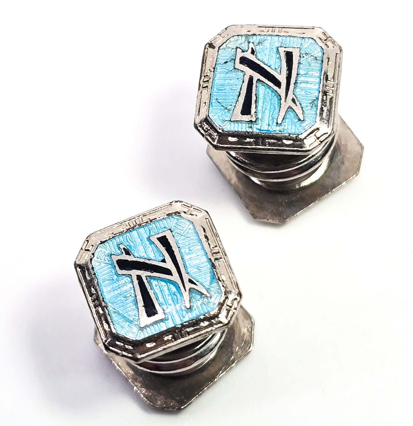 Art Deco Lavico Kwik to button blue guilloche enamel N antique snap cufflinks 1920