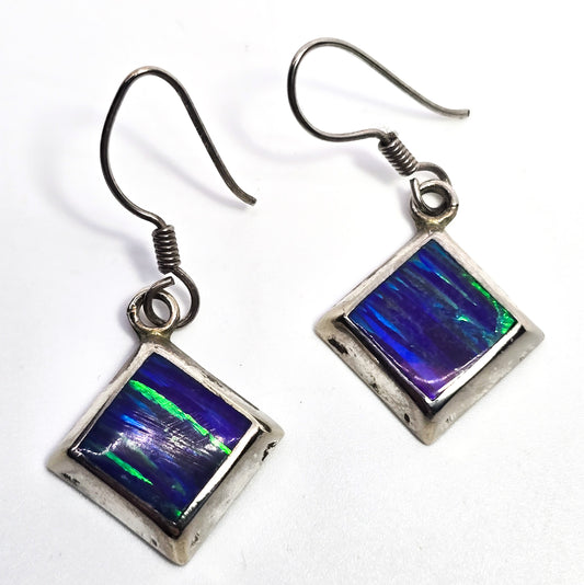 Blue Fire opal Mexican square drop vintage sterling silver earrings