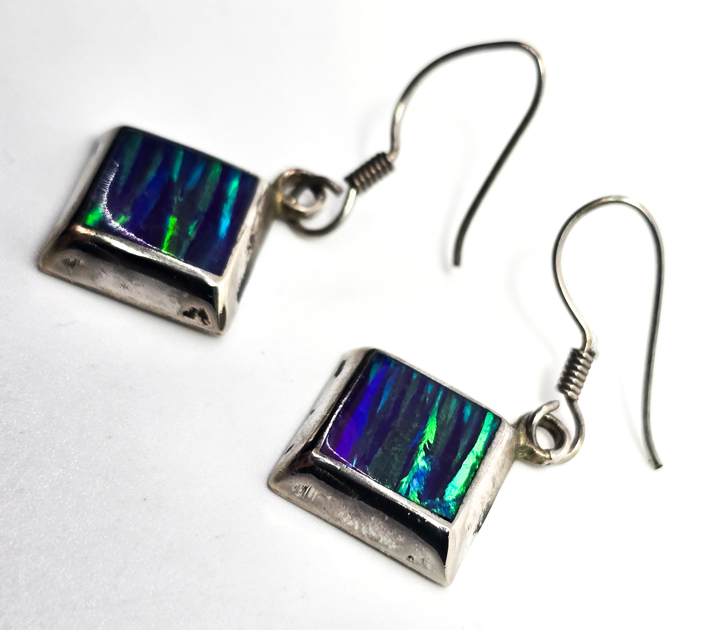 Blue Fire opal Mexican square drop vintage sterling silver earrings