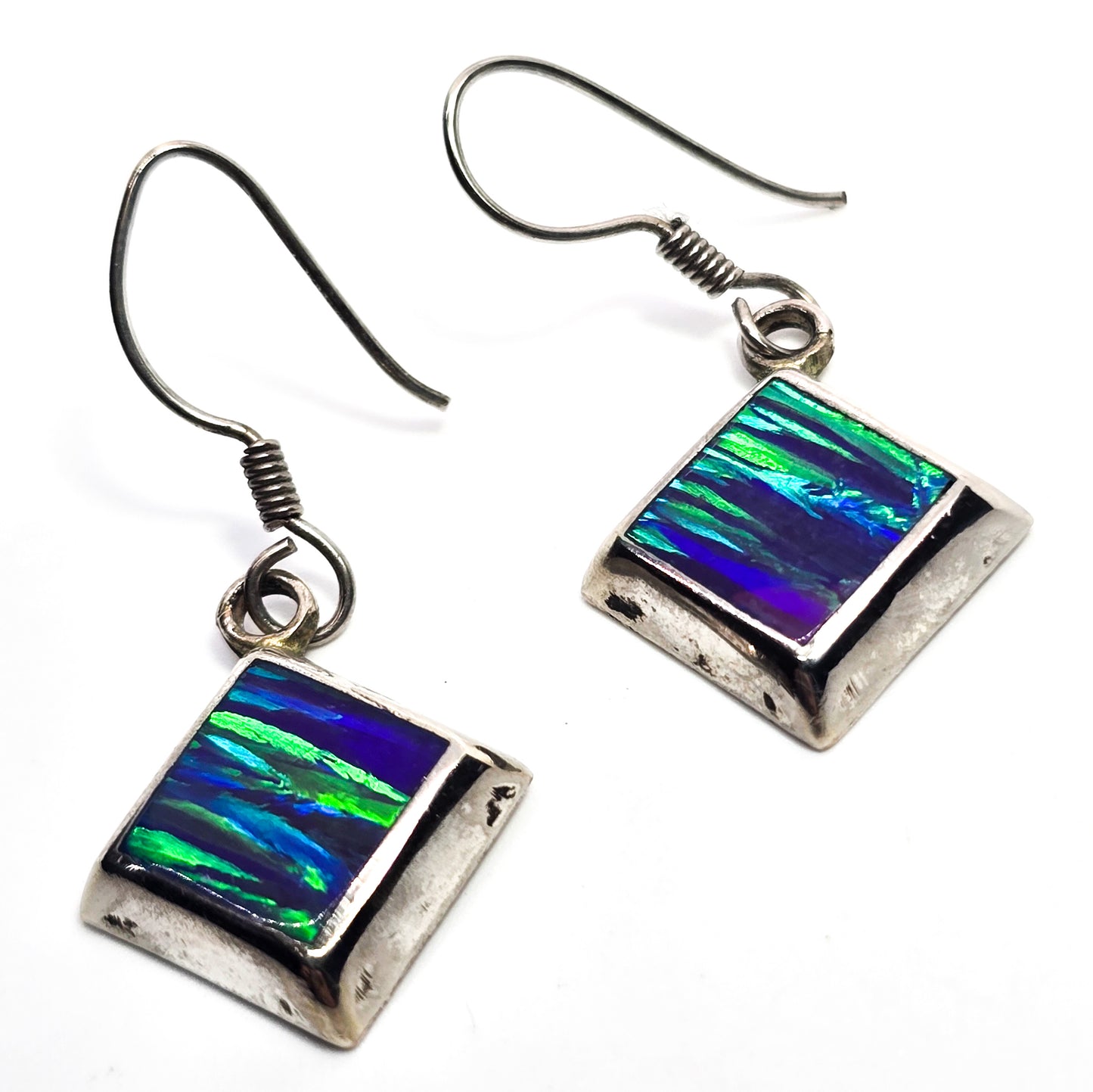 Blue Fire opal Mexican square drop vintage sterling silver earrings