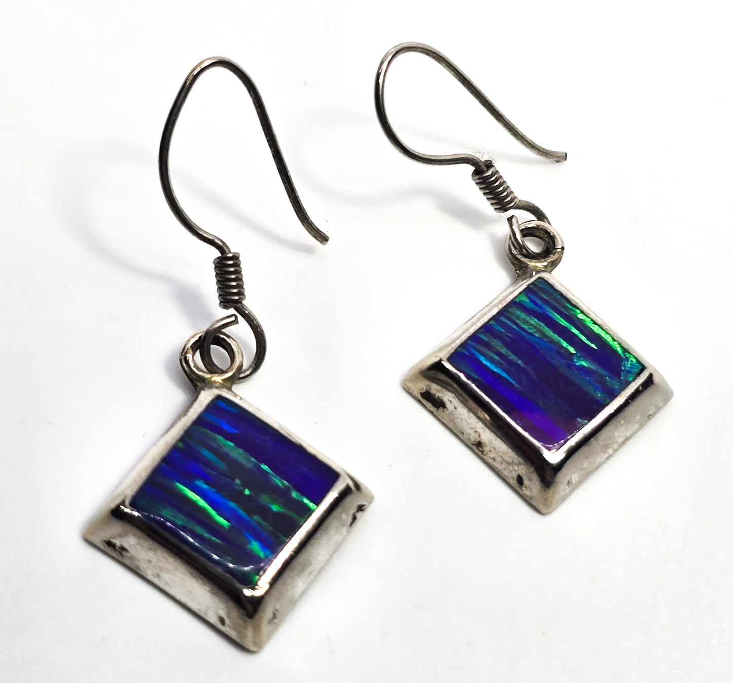 Blue Fire opal Mexican square drop vintage sterling silver earrings