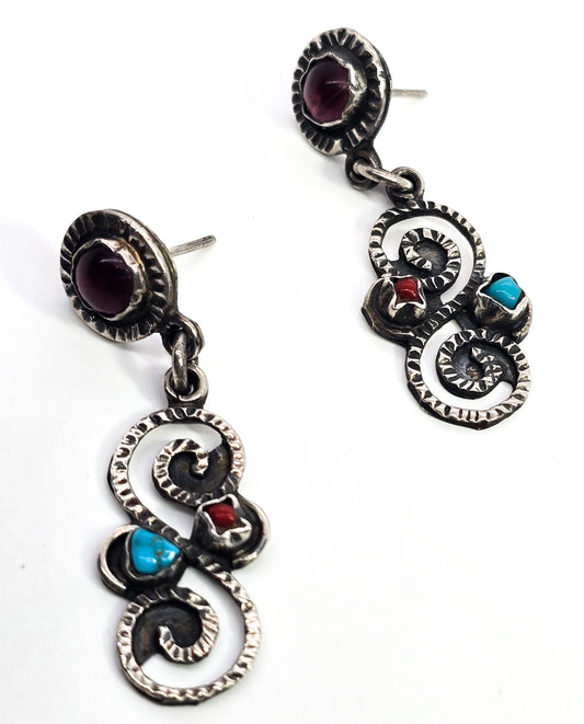 Turquoise and coral Native Mexican vintage sterling silver tribal vintage earrings