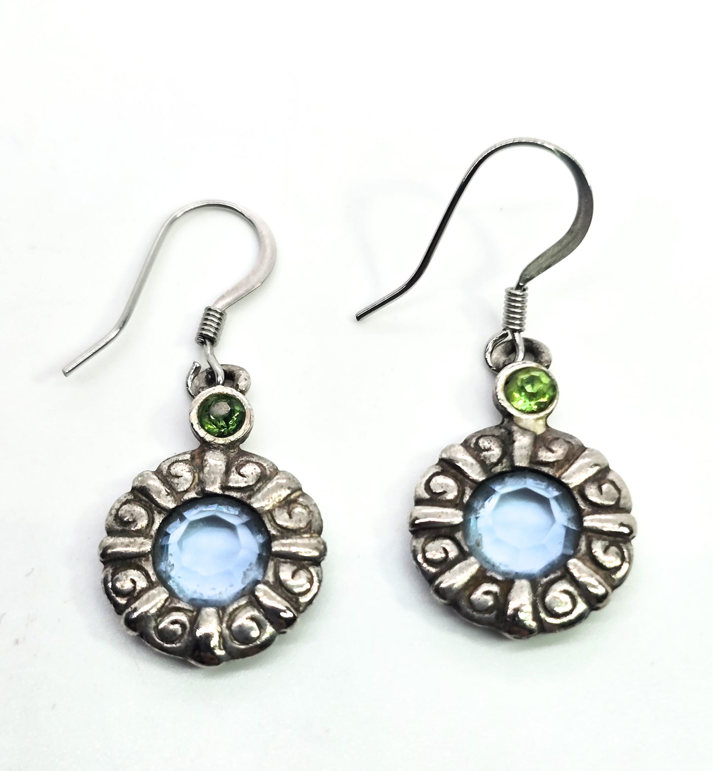 Blue and green paste vintage sterling silver etched open work stained glass earrings