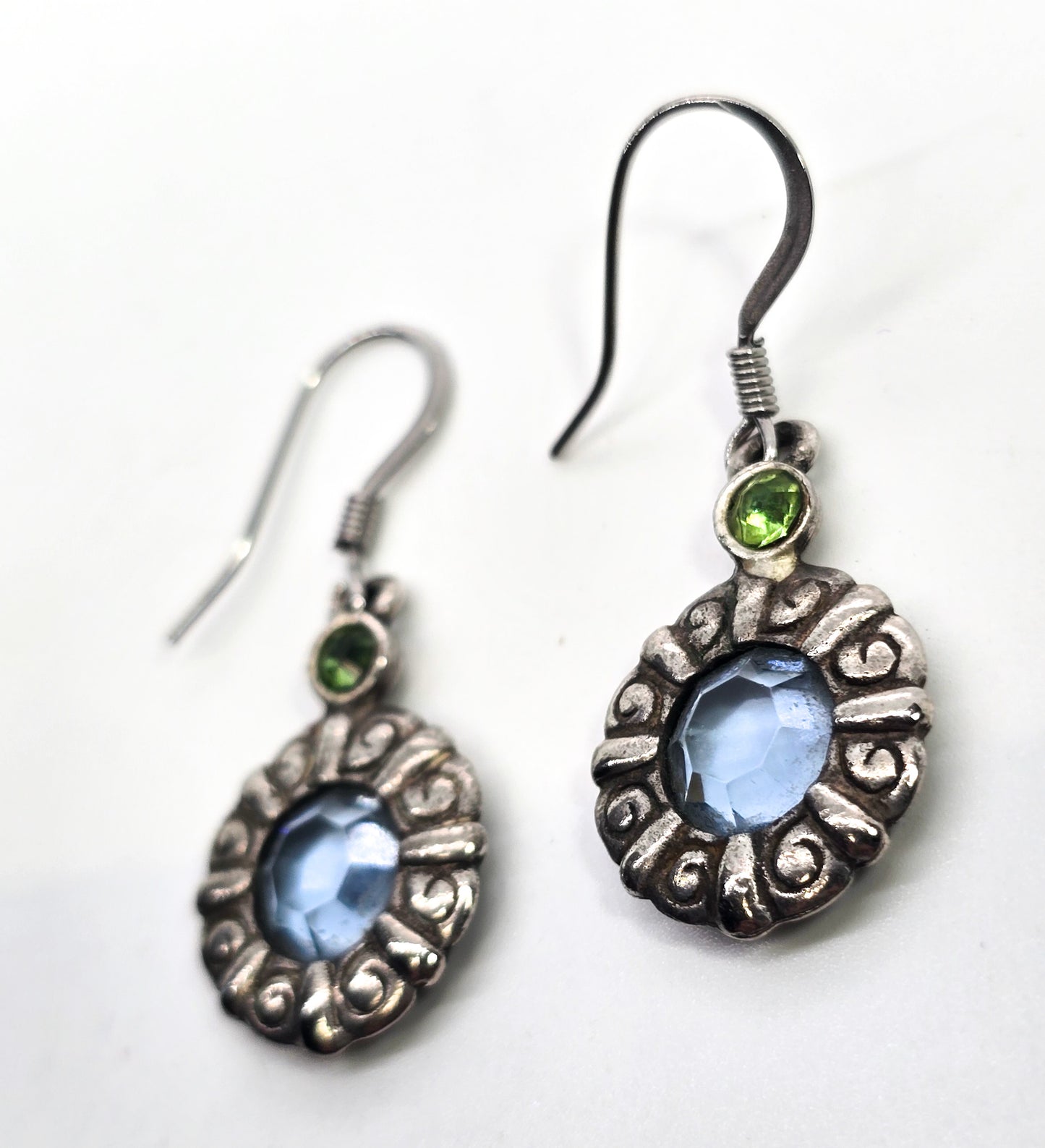 Blue and green paste vintage sterling silver etched open work stained glass earrings