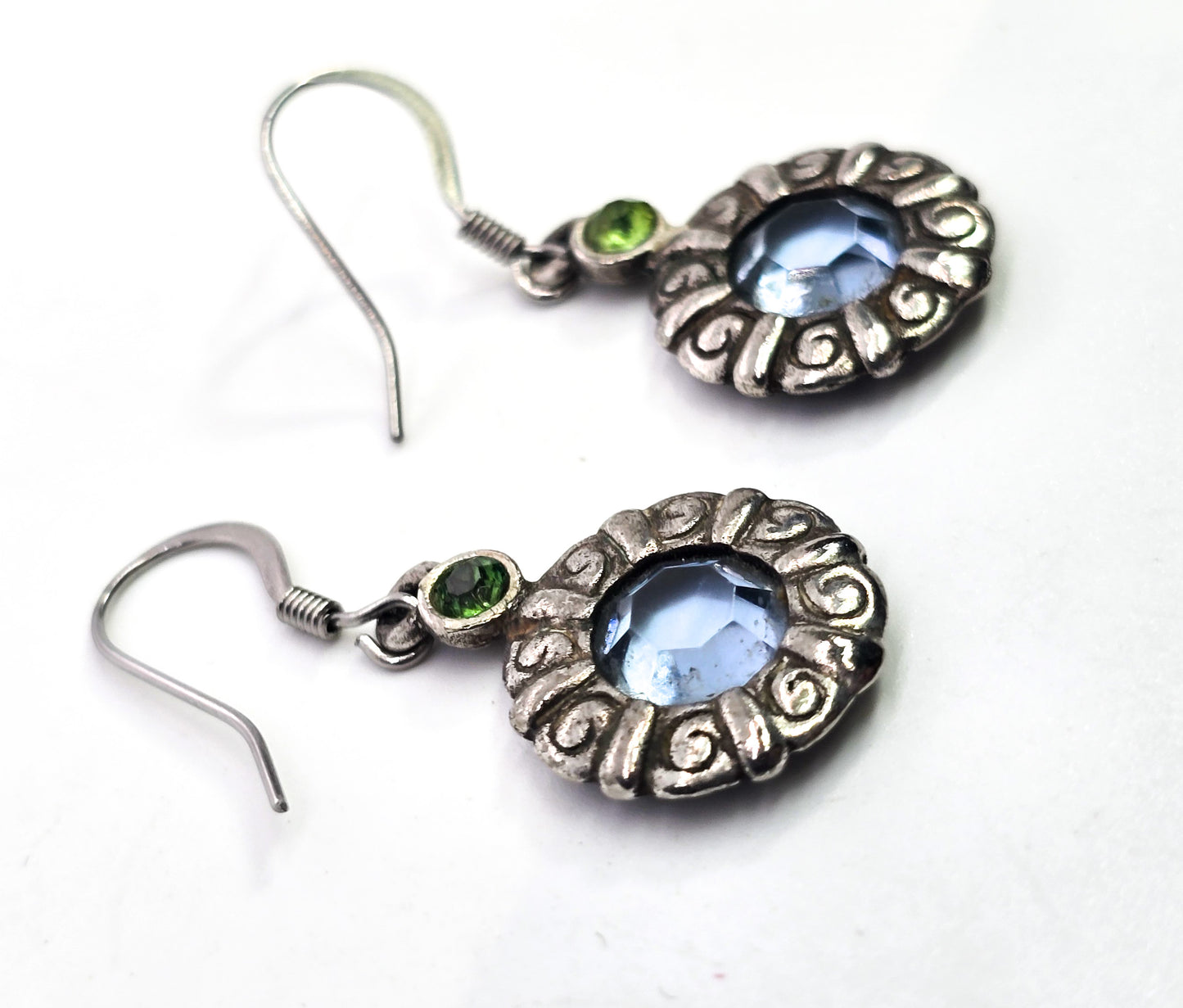 Blue and green paste vintage sterling silver etched open work stained glass earrings