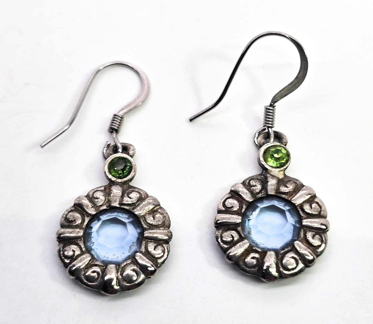 Blue and green paste vintage sterling silver etched open work stained glass earrings