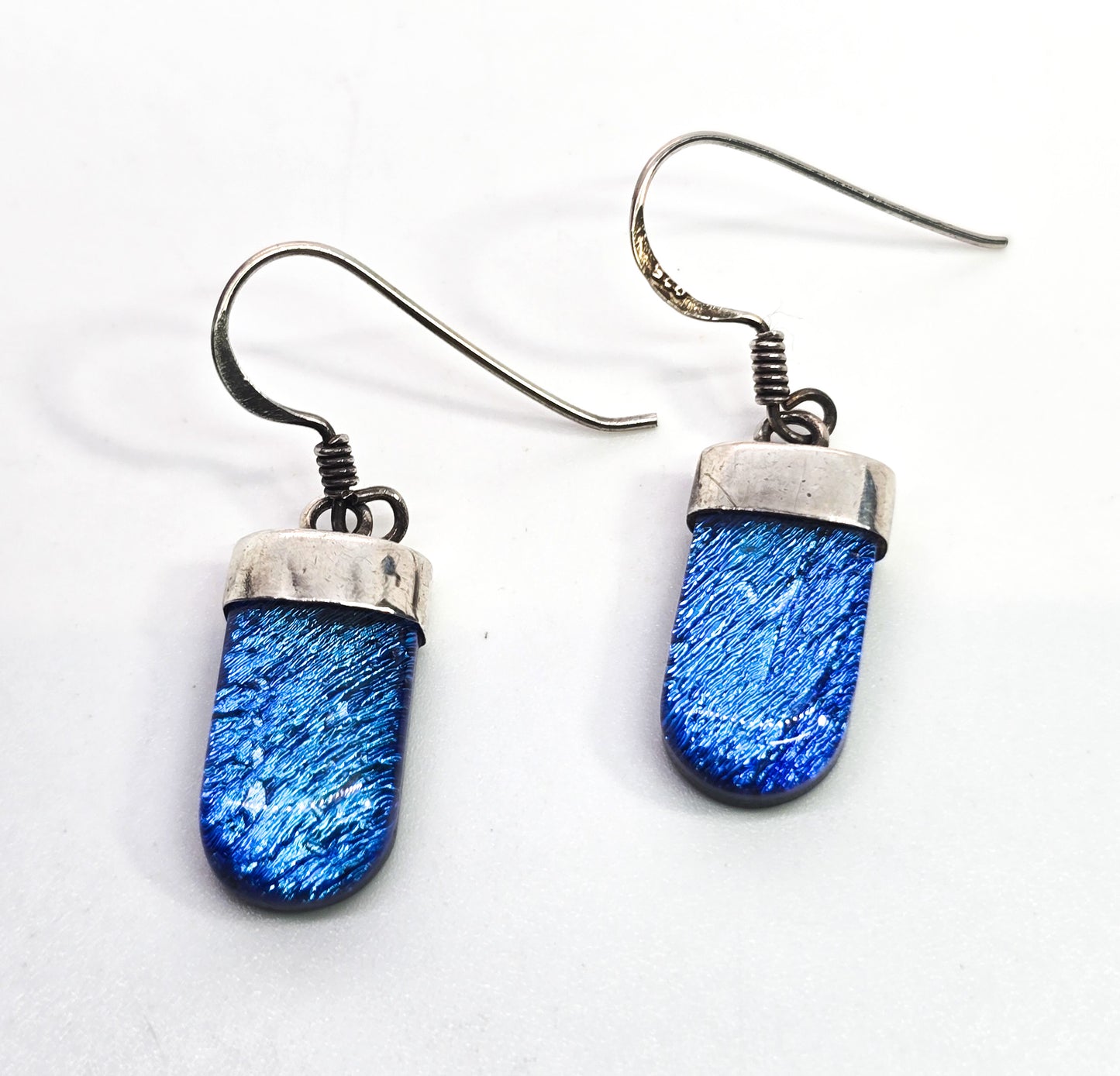 Dichroic glass blue fused glass sterling silver drop earrings