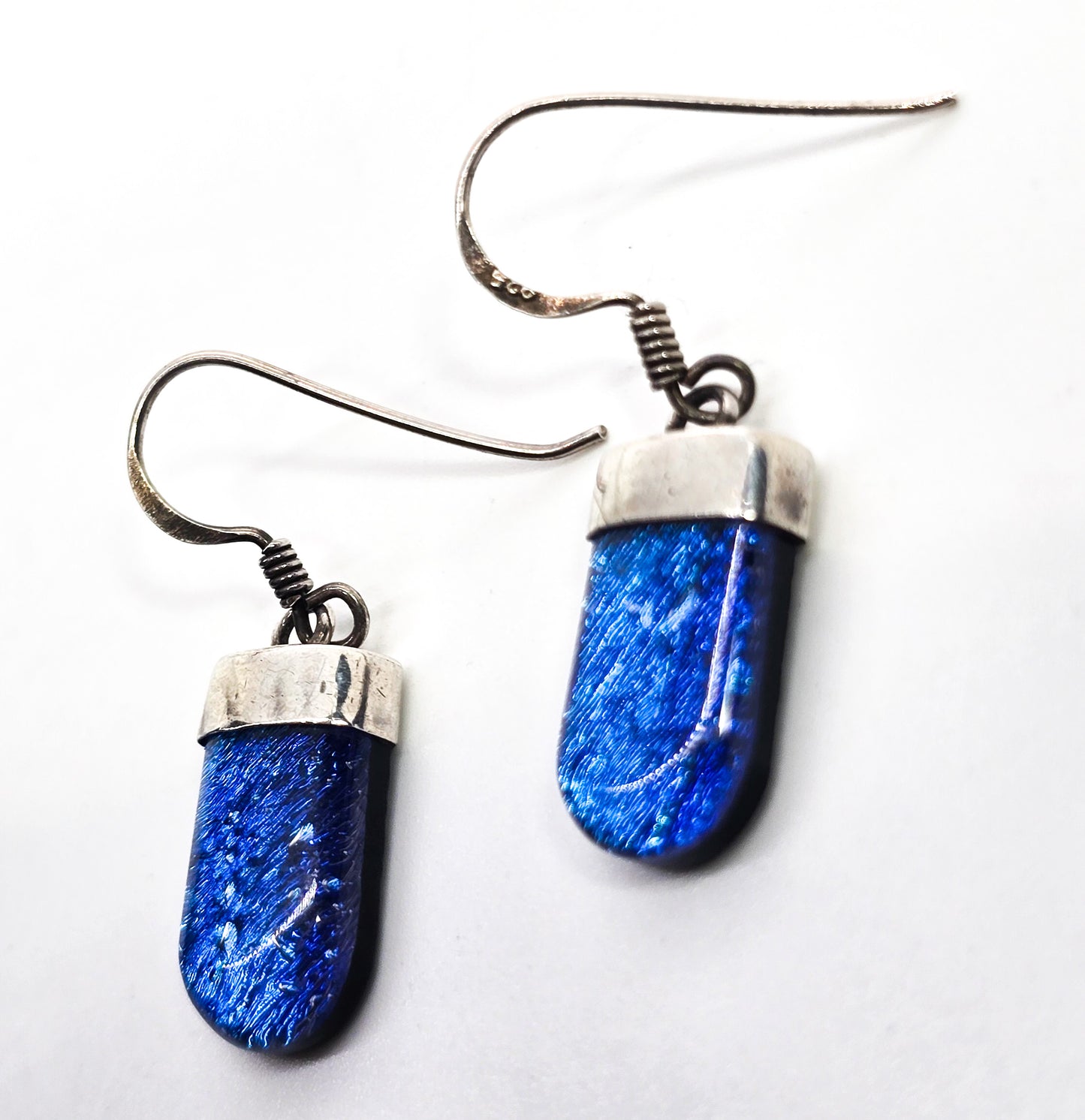 Dichroic glass blue fused glass sterling silver drop earrings