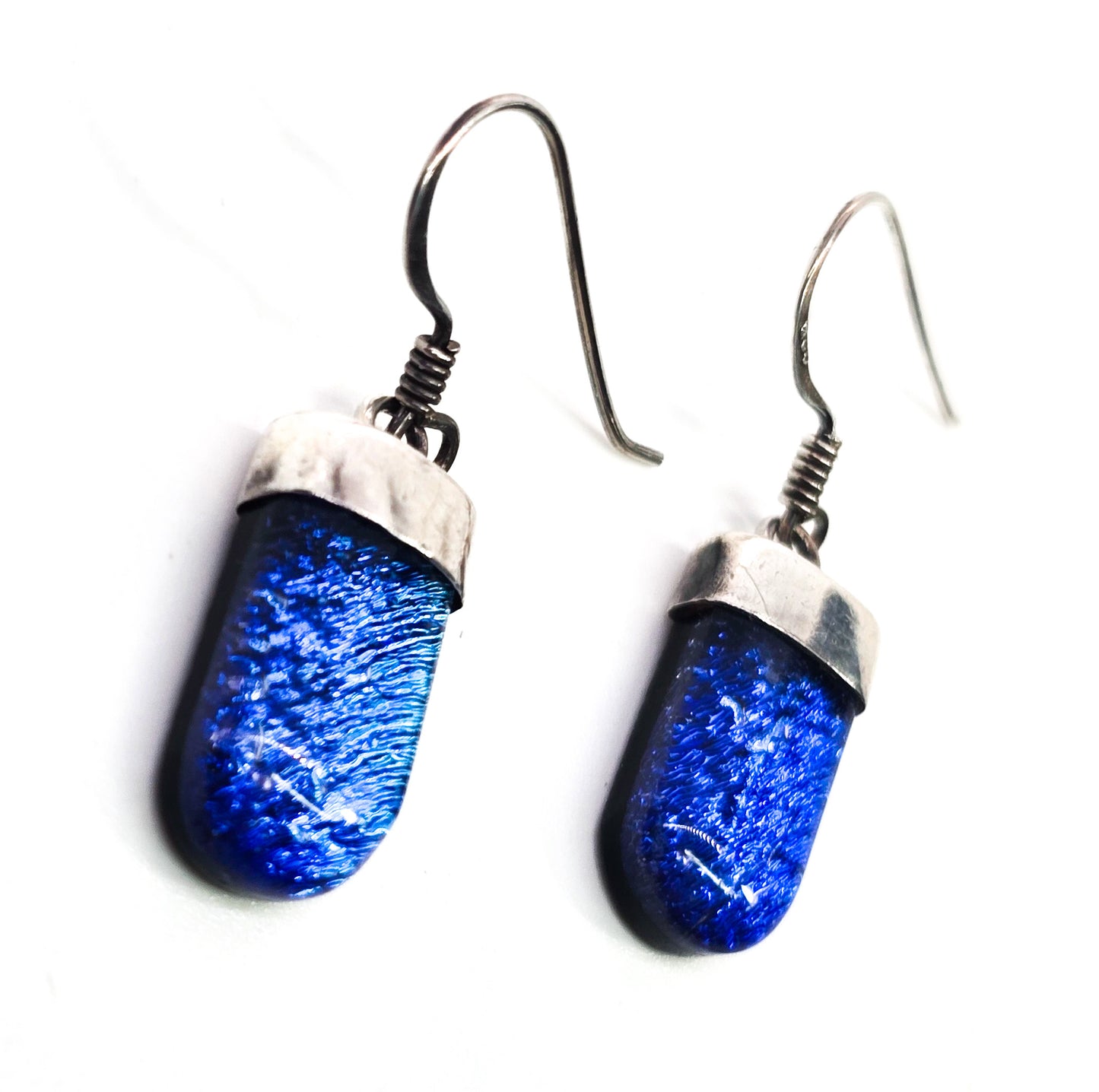 Dichroic glass blue fused glass sterling silver drop earrings