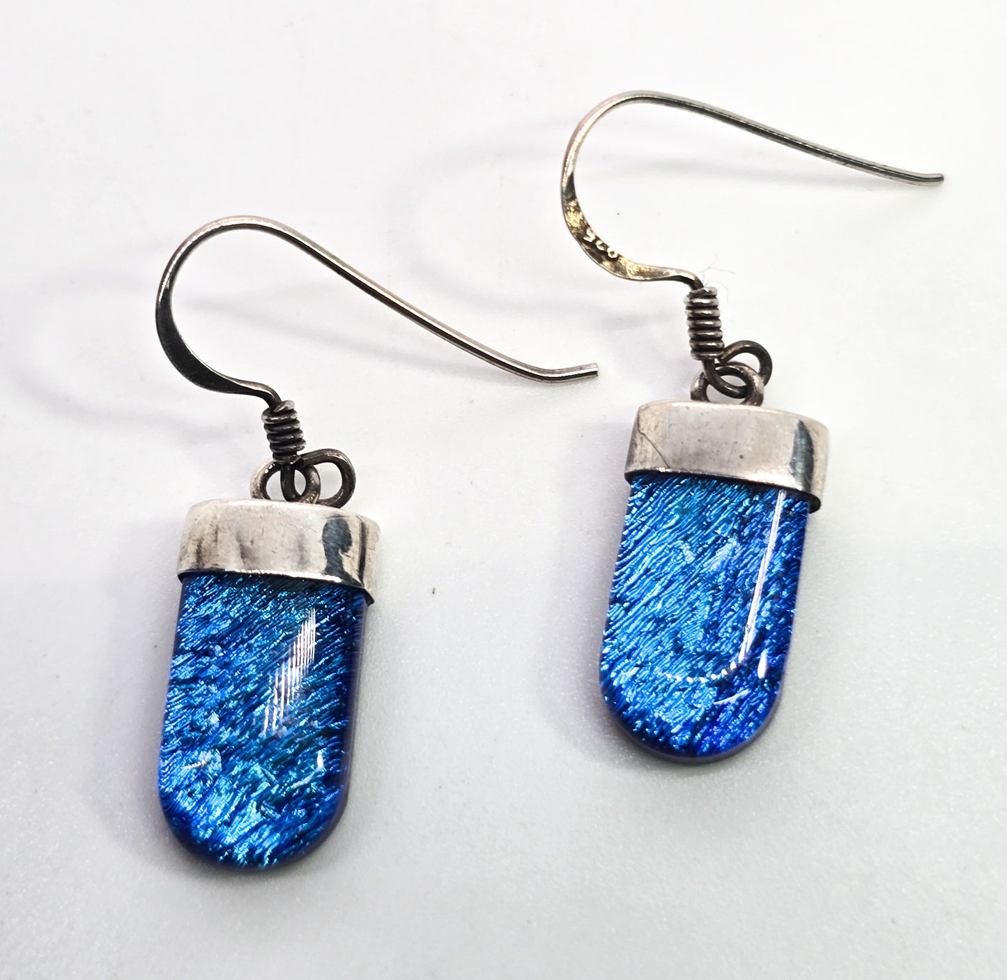 Dichroic glass blue fused glass sterling silver drop earrings