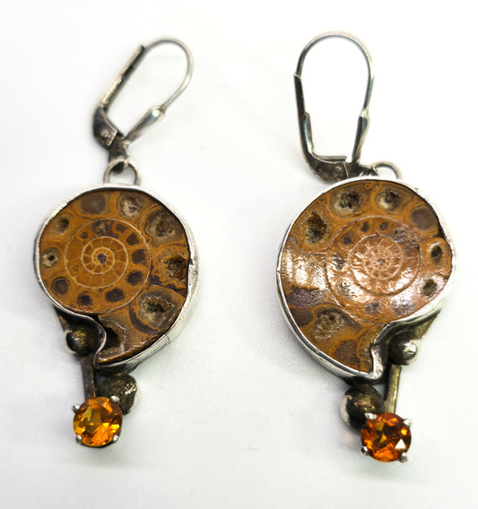 Denise Jenkins Earring Girl signed artisan ammonite orange quartz sterling silver earrings