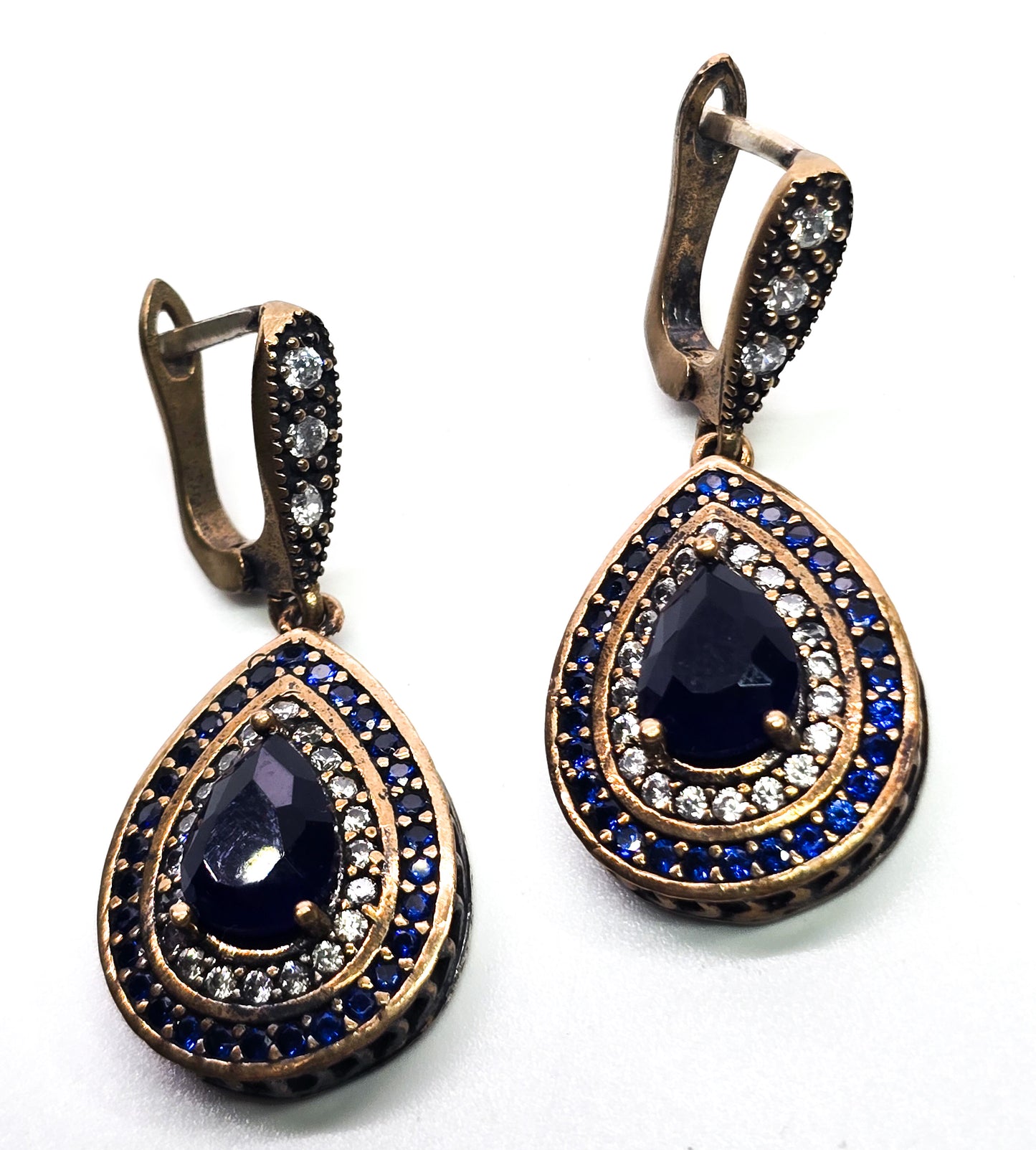 Turkish ottoman Harem blue Cubic Zirconia vermeil sterling silver lever back drop earrings