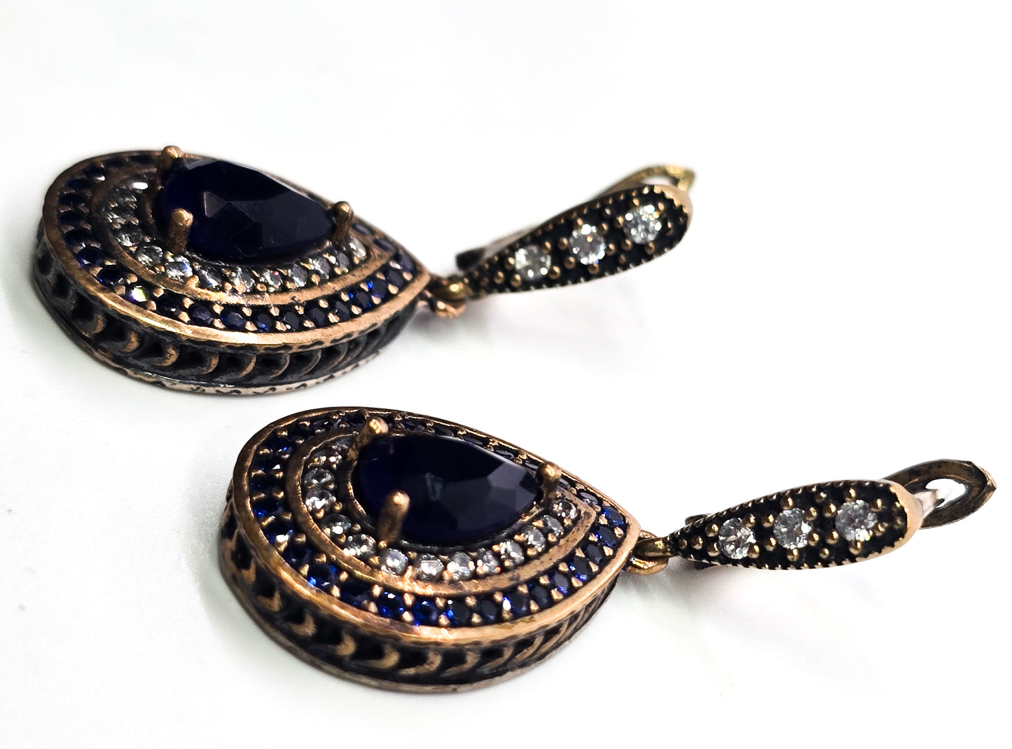 Turkish ottoman Harem blue Cubic Zirconia vermeil sterling silver lever back drop earrings