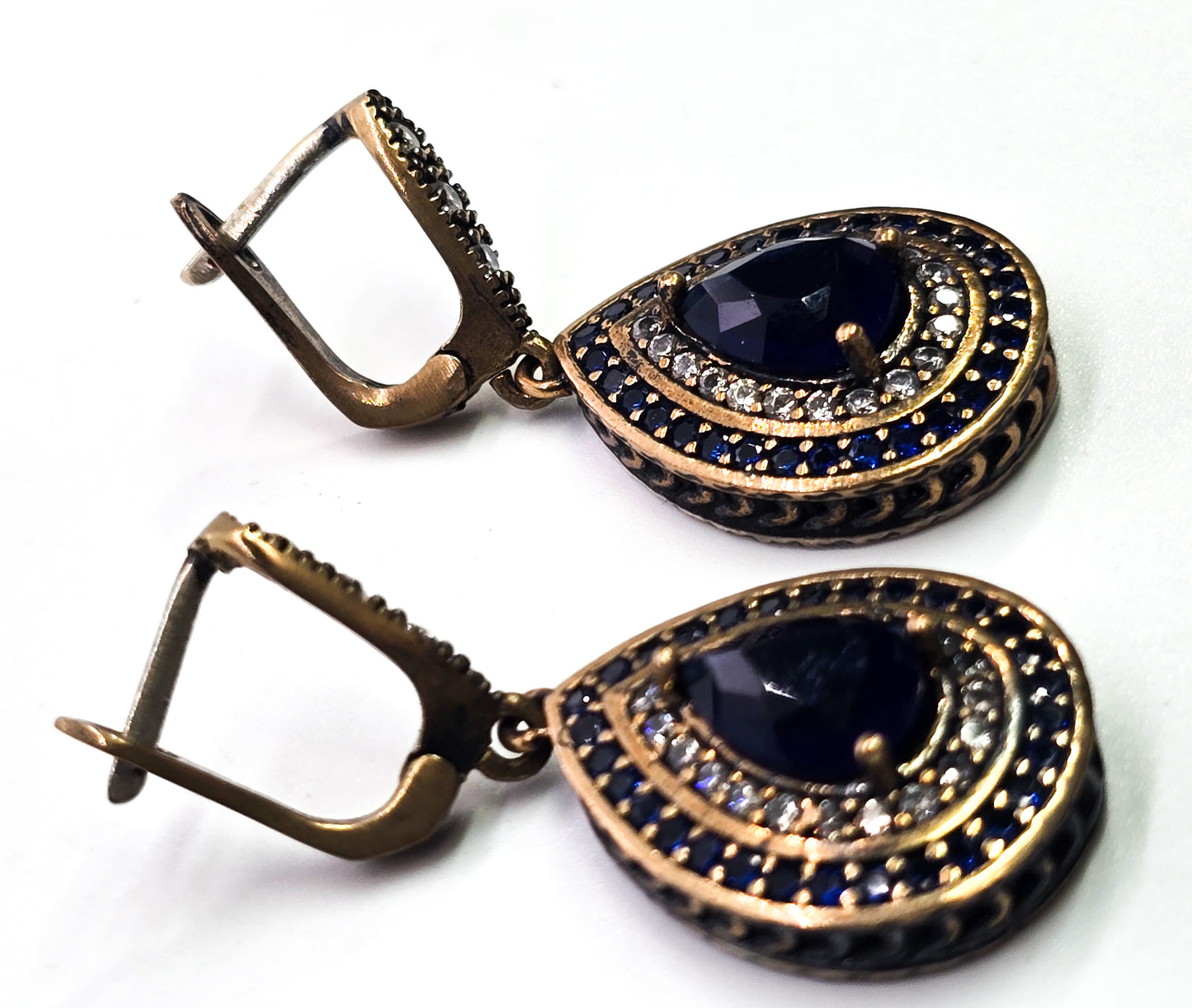 Turkish ottoman Harem blue Cubic Zirconia vermeil sterling silver lever back drop earrings