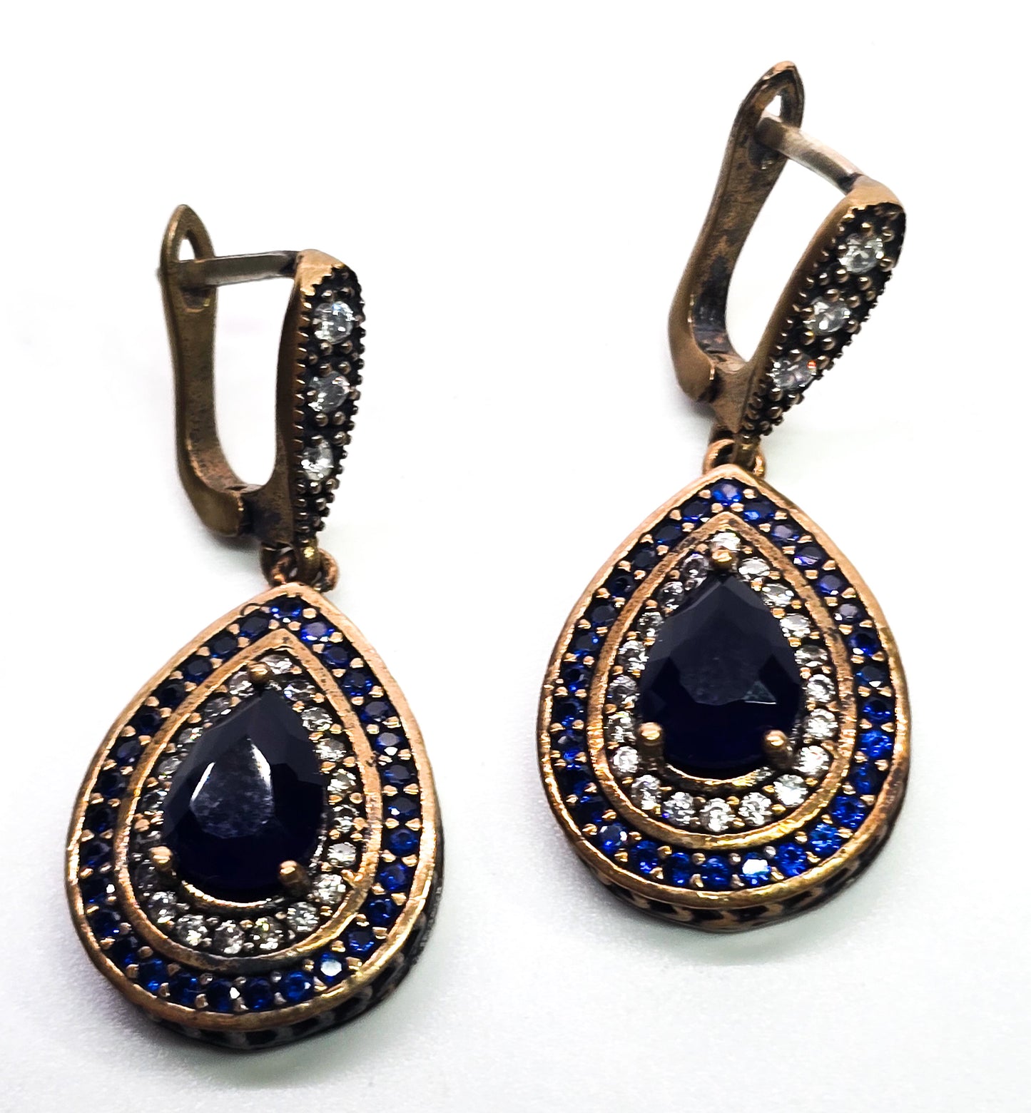 Turkish ottoman Harem blue Cubic Zirconia vermeil sterling silver lever back drop earrings