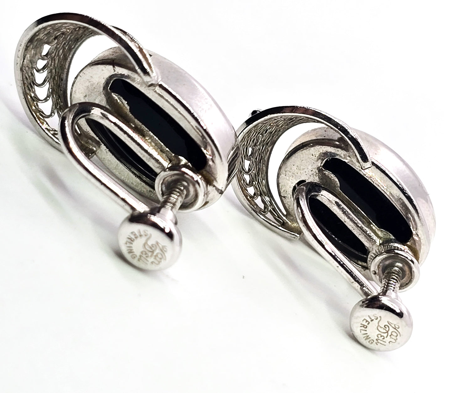 Van Dell Rhodium plated sterling silver black onyx spun silver vintage screw back earrings