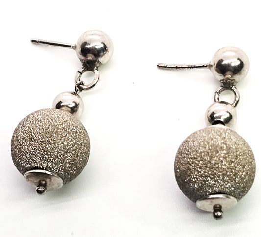 Italian silver ornament satin stardust sparkling bead sterling silver drop post earrings