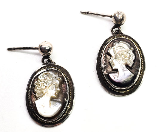 Cameo lady carved shell Mother of Pearl MOP vintage sterling silver post earrings