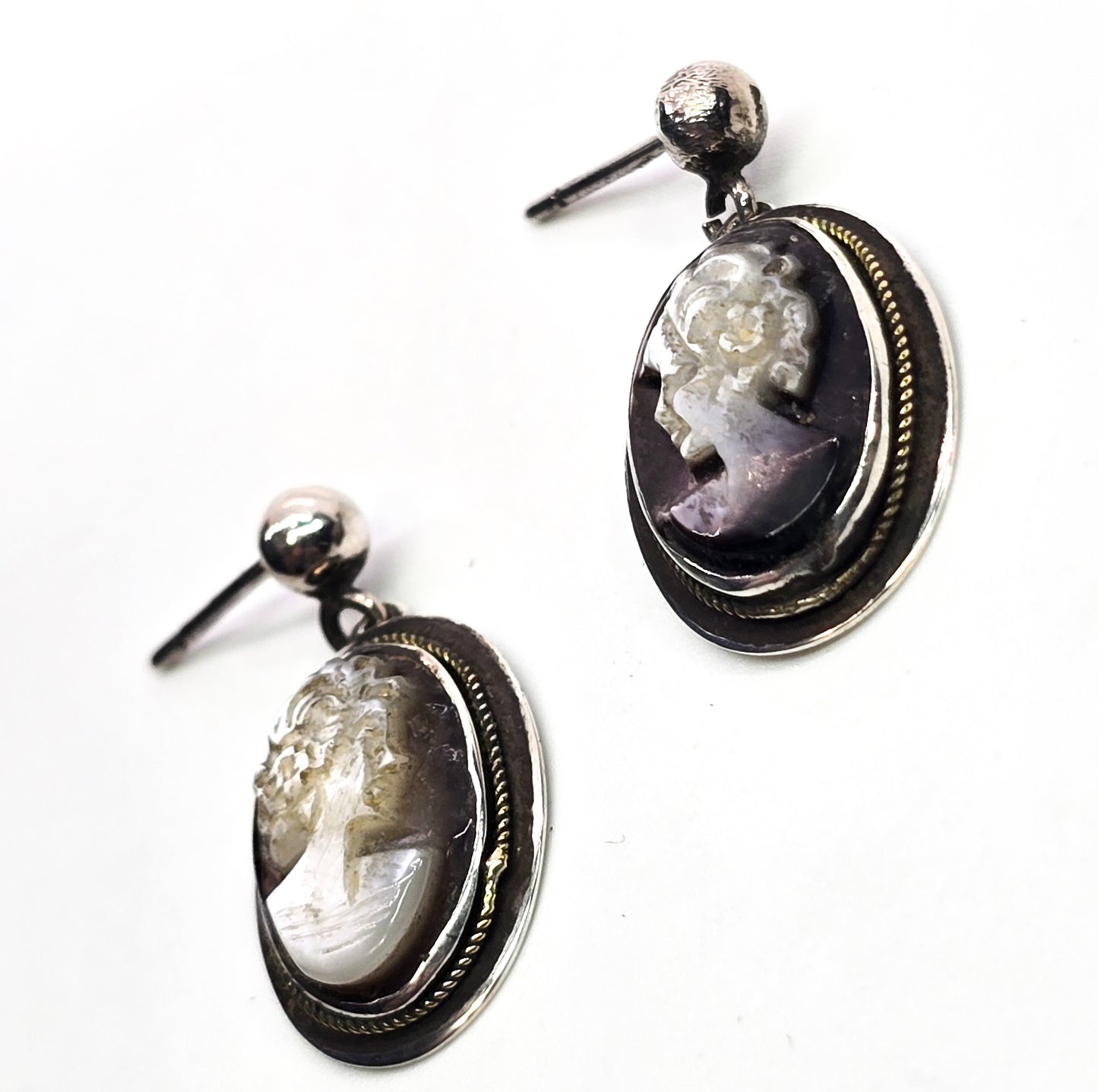 Cameo lady carved shell Mother of Pearl MOP vintage sterling silver post earrings