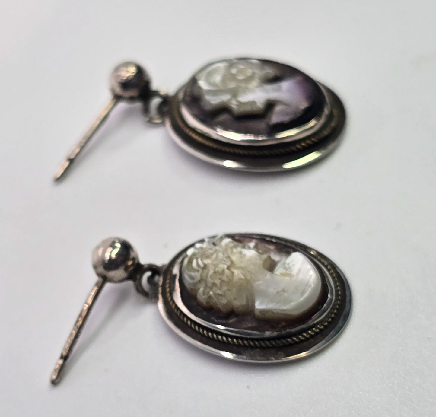 Cameo lady carved shell Mother of Pearl MOP vintage sterling silver post earrings