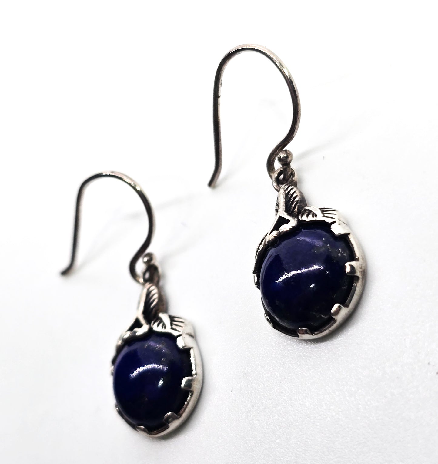 Lapis Lazuli dark blue gemstone sterling silver natural leaf drop earrings