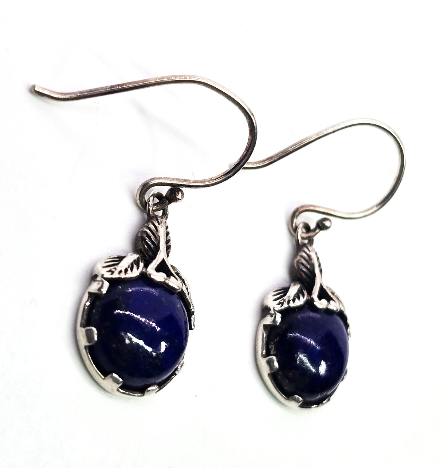 Lapis Lazuli dark blue gemstone sterling silver natural leaf drop earrings