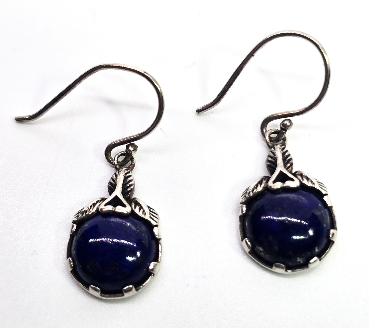 Lapis Lazuli dark blue gemstone sterling silver natural leaf drop earrings