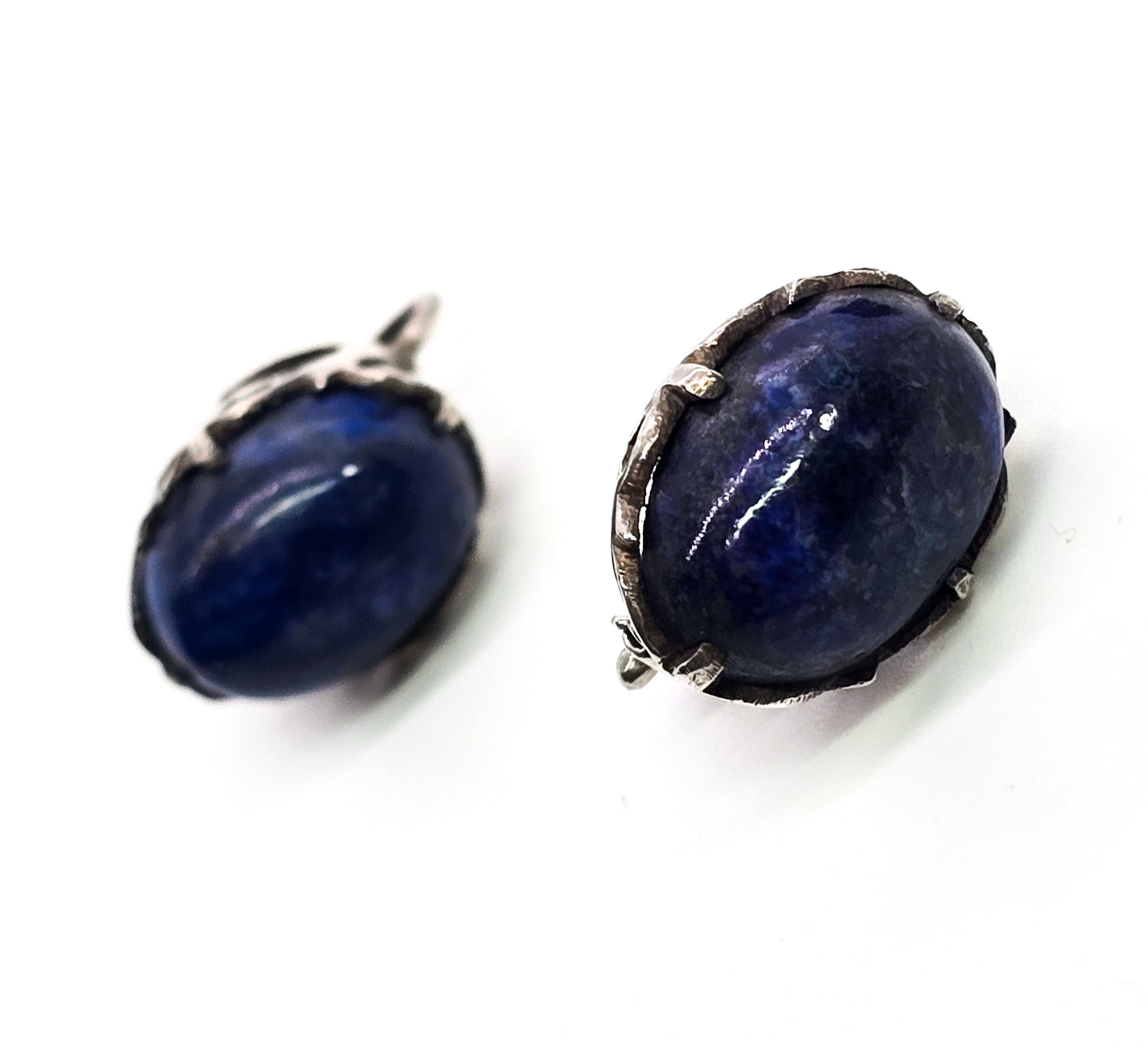 Lapis Lazuli gemstone thick cab open work filigree sterling silver vintage earrings