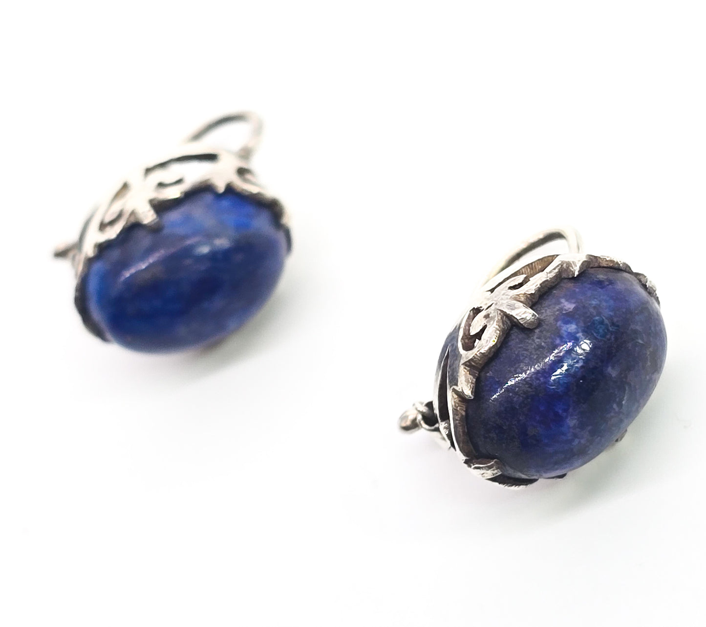 Lapis Lazuli gemstone thick cab open work filigree sterling silver vintage earrings